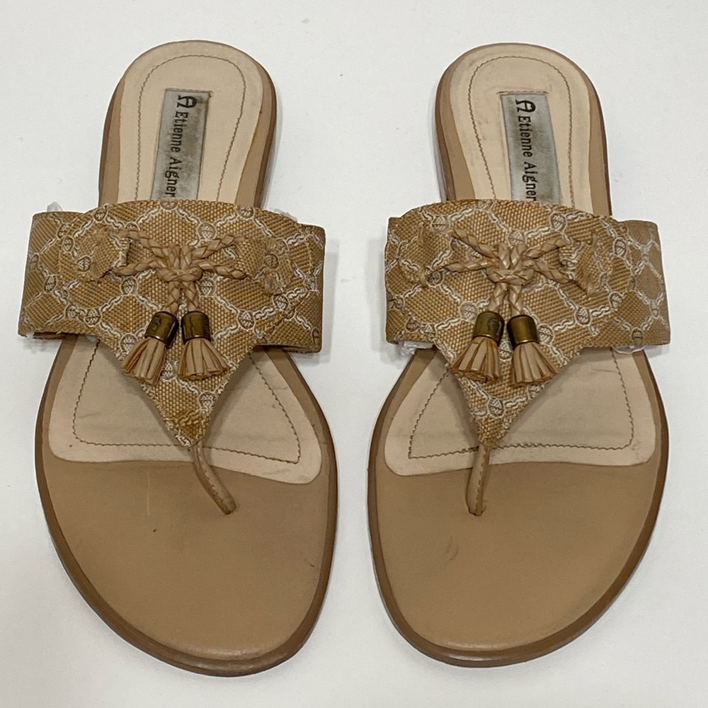 Etienne Aigner Eastman Braided Bow Toggle Flat Thongs in Beige Leather